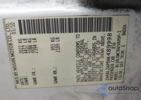 2010 Nissan Altima 3.5 Sr из США, поврежденный, VIN 1N4BL2AP9AN489998